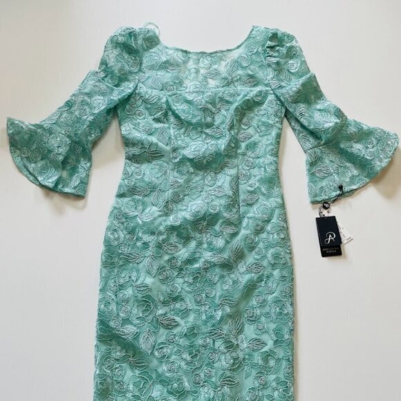 NWT ADRIANNA PAPELL MINT Lace Bell Sleeve Wedding Cocktail Party V Back Spring 2 - Picture 4 of 13
